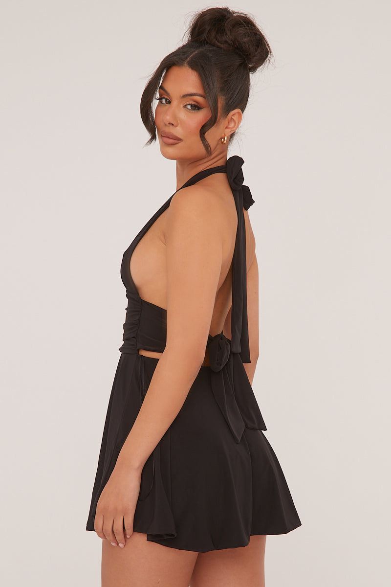 PIPPA MINI DRESS – BLACK HALTER PLUNGE NECK