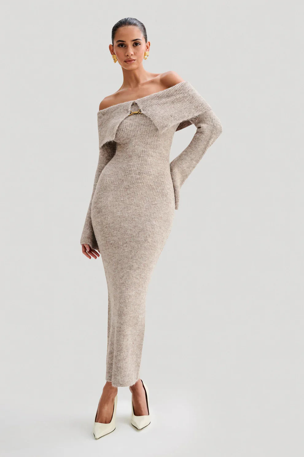 Talia Off-Shoulder Knit Dress - Beige